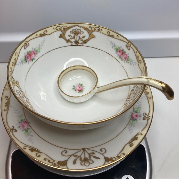 Gold & Floral Hand Painted Mayo Bowl Saucer Ladle Set 3 Piece Nippon M in Wreath - Picture 1 of 13